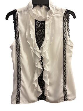 Elegant White Ruffle w/ Black Lace-Trim Sleeveless Top